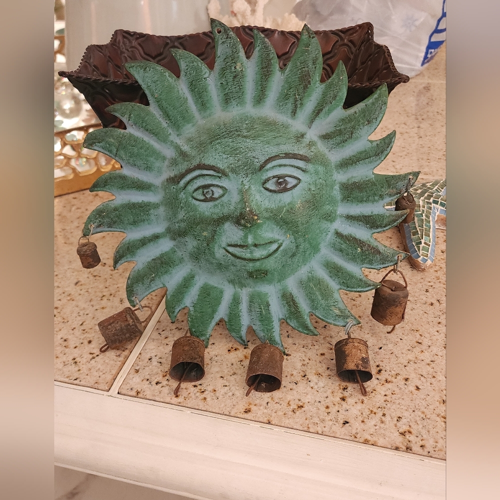 Green Sun Face Metal Wall Art with Bells
